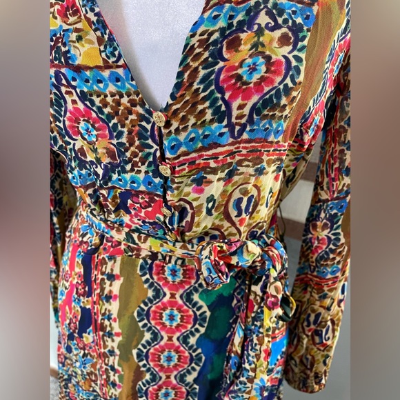 Zara Multicolor Paisley Boho Fit & Flare Long Sleeves Mini dress with belt S - Picture 8 of 11